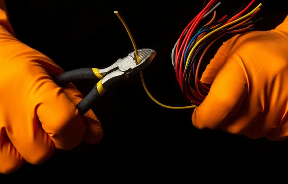Électricien en combinaison orange utilisant une pince coupante sur câbles électriques multicolores dans environnement sombre éclairé artificiellement